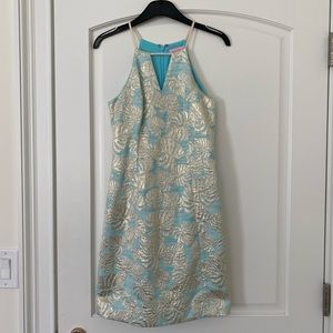 Lilly Pulitzer Aqua and Gold Halter Dress